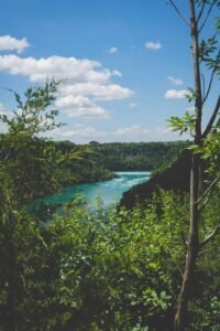 Scenic landscape with blue sky, white clouds, green forest, and winding turquoise river.