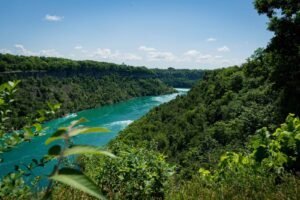 River winding through lush green landscape, trees on both sides, clear sky with clouds.