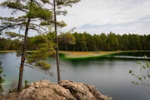 Tranquil lake with rocky shore, pine trees, green water, and distant forest under cloudy sky.