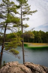 Rocky outcrop with trees overlooks a lake and forest under a partly cloudy sky.