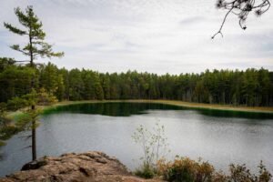 Serene lake with calm water, dense evergreen forest, rocky outcrop, and overcast sky.