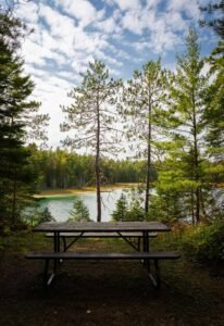 Picnic table in forest with lake and cloudy sky in background.